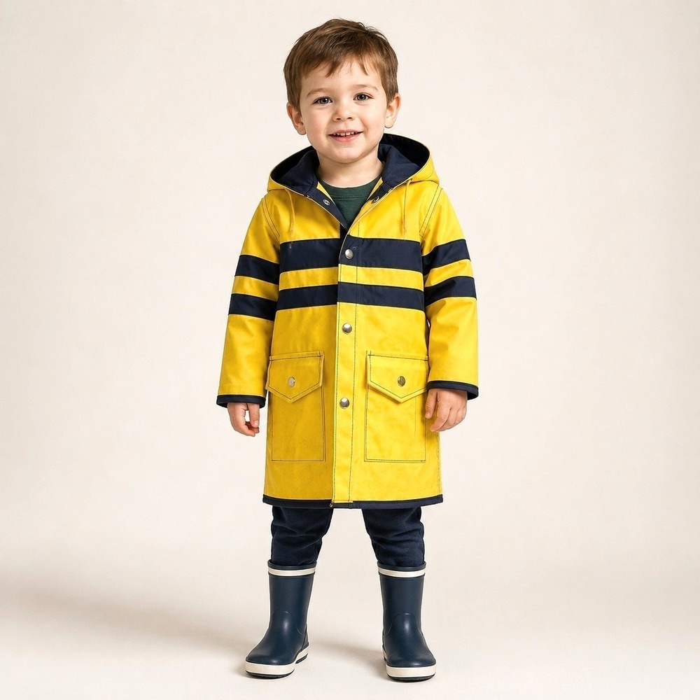 VTG 70s Fabil Yellow Raincoat Kids Hooded Striped Slicker Jacket Size T4